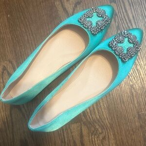 Elegant Turquoise Satin Embellished Flats